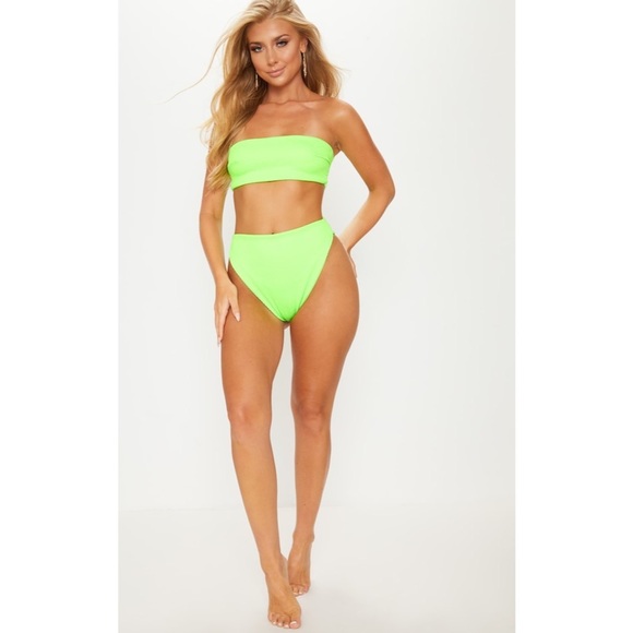 PrettyLittleThing Other - Pretty Little Thing 6/8 Neon Lime Crinkle Bandeau & High Rise Bikini